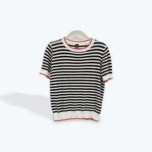 Shein Striped Knit Top Short Sleeve Tee Shirt Black White Orange Trim Women's